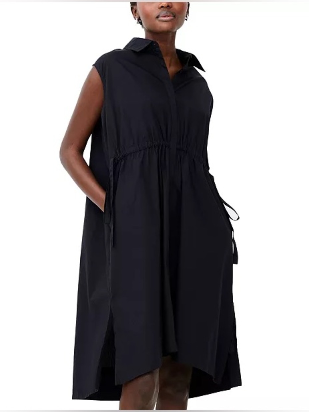 French Connection Black Sleeveless Drawstring Cotton Poplin Dress
